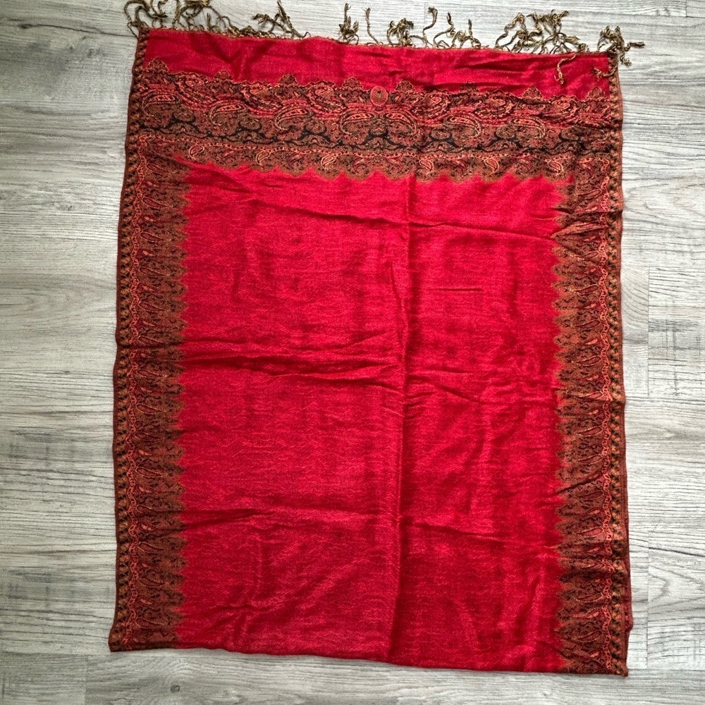 Bold Red Pashmina with Golden Paisley Border